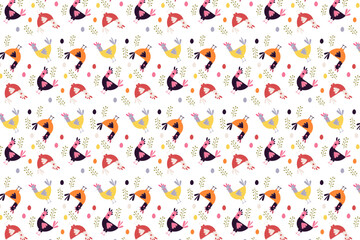 A charming seamless pattern with hens, eggs, and leafy branches in soft pastel colors on a white background. Perfect for Easter-themed fabric, stationery, or nursery decor.