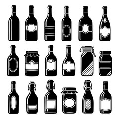 A vector illustration set of wine and alcohol drink bottles, including champagne, vodka, whiskey, and beer silhouettes