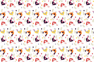 A charming seamless pattern with hens, eggs, and leafy branches in soft pastel colors on a white background. Perfect for Easter-themed fabric, stationery, or nursery decor.