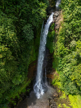 High angle view of a tall, narrow Gitgit waterfall, Bali, Indonesia cascading down a cliff, surrounded by lush, vibrant green tropical rainforest foliage. Nature, travel, and tranquility concept.