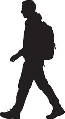 Silhouette of a man walking with a backpack on a white background