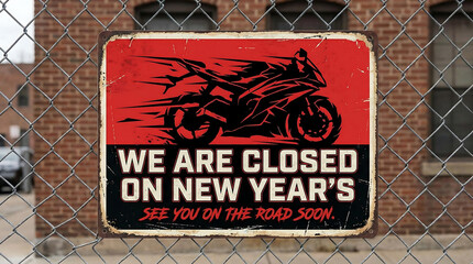 Fototapeta premium Red black motorcycle closed new years sign on fence, sign, closed, new years, motorcycle, red, black, white, text, message, announcement, holiday, temporary, metal, weathered, vintage, retro, graphic,