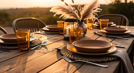 Beautifully set outdoor dining table bathed in warm golden hour light, ready for a serene evening meal with nature views