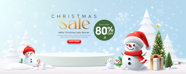 Merry Christmas Sale, white podium display, christmas tree and snowman on snow banner design background