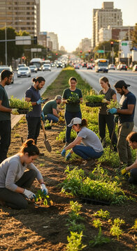 A dedicated community works together, transforming a neglected roadside into a vibrant urban garden, embodying the spirit of collaboration and environmental stewardship. 