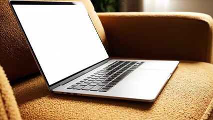 Laptop rests on a cozy armchair, ready for work or entertainment in a modern home - Powered by Adobe