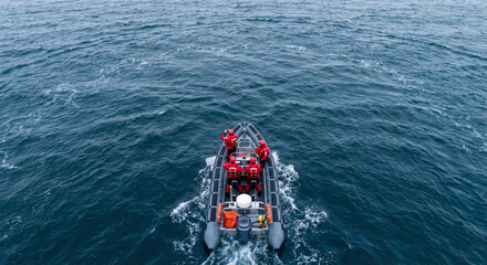 Obraz premium Adventurous expedition team in a robust inflatable boat with red jackets cruises through the expansive, dark ocean waters, leaving a white wake in its path during a remote journey