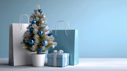 A small light-colored Christmas tree with blue and silver ornaments sits beside shopping bags and gift box on a light blue surface