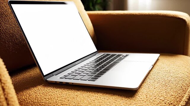 Laptop rests on a cozy armchair, ready for work or entertainment in a modern home