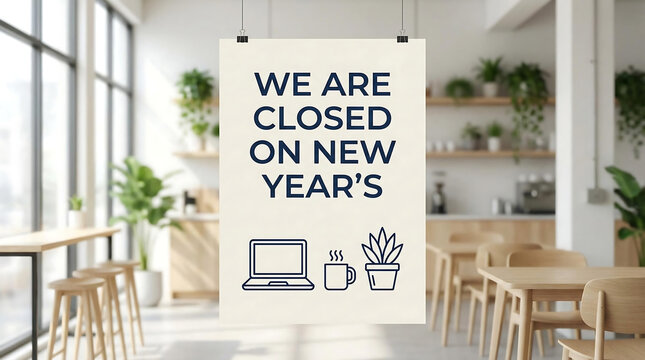 Cafe closed on New Year's sign with laptop coffee plant, closed sign, new years day, cafe, coffee shop, announcement, holiday, business hours, temporary closure, notice, information, text, message, gr