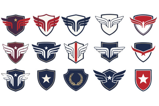 A collection of military and aviation-style shield emblems featuring wings and stars in patriotic colors.