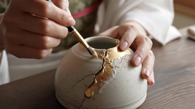 Woman applying gold lacquer to repair broken ceramic vase. Kintsugi Japanese technique mends pottery by highlighting cracks with golden seams in artistic restoration process