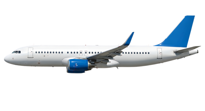 A side view of a white airplane with blue accents isolated on a black background background transparent 