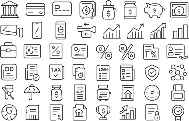 Finance and banking icons set with bank, credit cards, piggy bank, safe Vector
