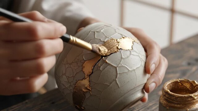 Hands applying gold lacquer to repair cracked ceramic bowl. Kintsugi technique process showcasing beauty in broken pottery. Japanese restoration art embracing imperfections in craftsmanship.
