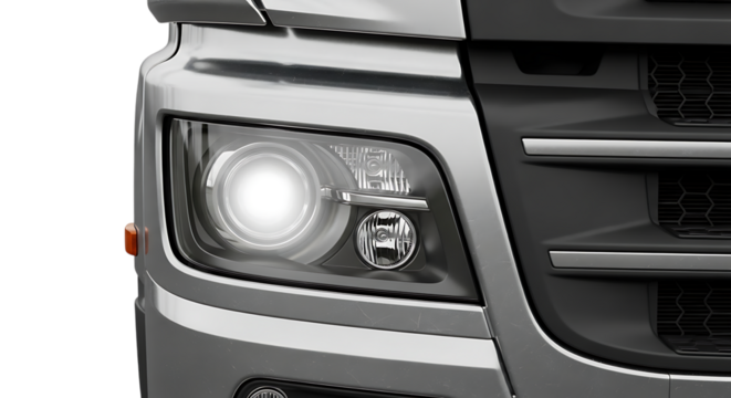 Close up view of a silver truck headlight and front grill with bright light on display background transparent 