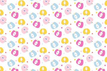 Seamless pattern with cute, colorful cartoon apples in pink, blue, and yellow on a white background. Perfect for children's designs, fabric, or packaging.
