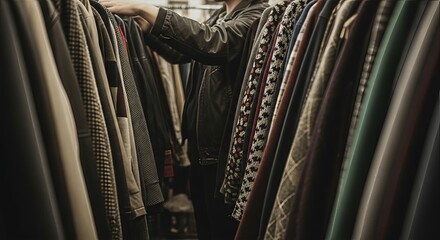 Naklejka premium Vintage clothing exploration inside a consignment shop for sustainable fashion and apparel