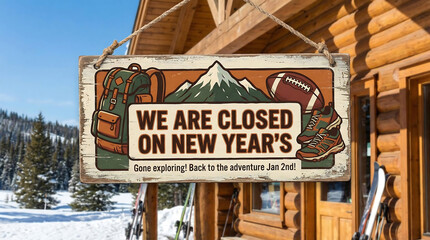 Wooden sign W E A R E C L O S E D O N E W Y E A R' S with backpack football, sign, closed, new year, holiday, announcement, wooden, rustic, vintage, backpack, hiking, mountains, snow, winter, sports, 