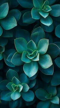 The lush green rosettes of succulents with delicate colour transitions emphasise the freshness of eco-style, serving as a soothing backdrop for interior design.