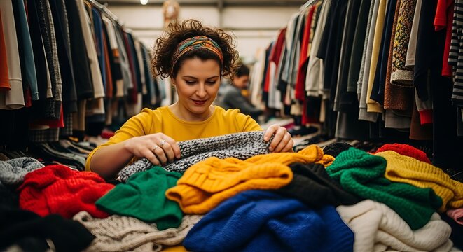 Woman browsing through colorful second hand clothes inside a thrift store boutique