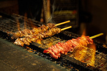 Meat Skewers Grilling Over Open Flame