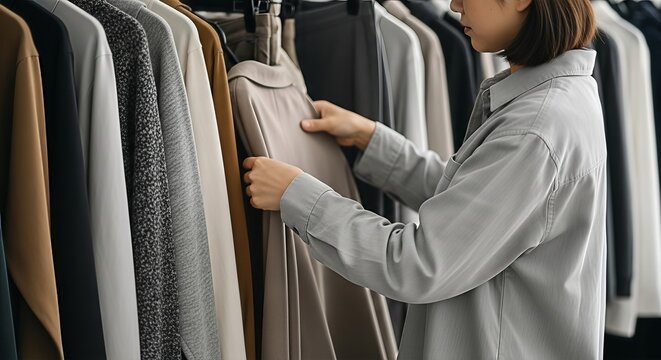 Woman carefully selecting garments in minimalist wardrobe in neutral tones for a modern closet