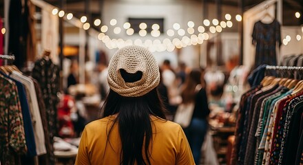 Fototapeta premium Woman Exploring a Vibrant Clothing and Handicraft Market with Festive Lighting