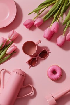 Pink objects and tulips on pink background with mug and sunglasses