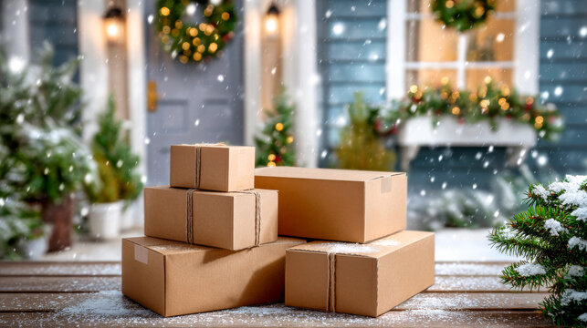 Several brown cardboard boxes stacked on a snowy porch suggest holiday deliveries, with a festively decorated house entrance in the background, and snow gently falling