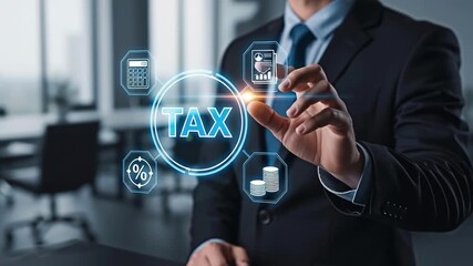 Business man working with the word Tax representing financial Concept and business.