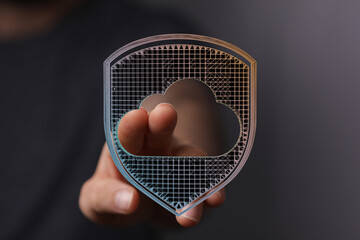 Secure cloud computing concept with a hand touching a shield-shaped cloud icon. Data protection, network safety