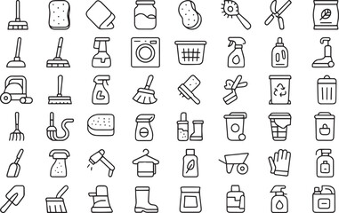 Set of cleaning and gardening tools line icons isolated on white background Vector