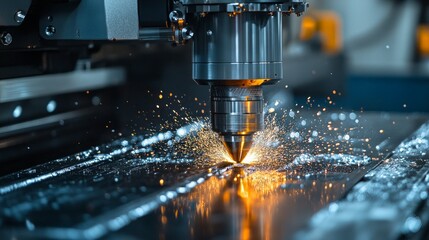 A powerful machine cuts metal, creating sparks, illustrating the process of high-precision industrial processing, used as the main background for materials on production technologies.