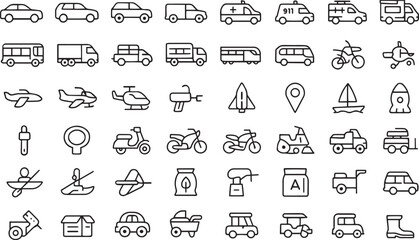 Set of transportation and vehicle line icons on white background Vector