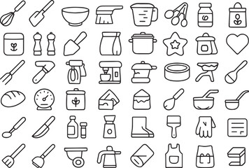 Culinary icons: baking and cooking utensils line art collection Vector