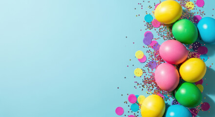 Colorful pastel easter eggs and confetti scattered on blue background with festive holiday celebration and copy space for seasonal design