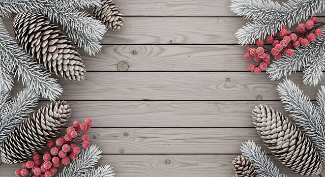 Frosted pine cones and red berries adorn a weathered wooden surface, creating a festive Christmas border with a rustic, wintery charm.