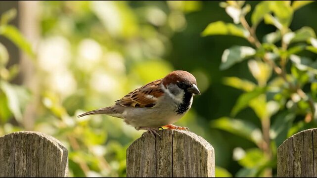 House Sparrow Perching on Wooden Fence Post in Natural Setting