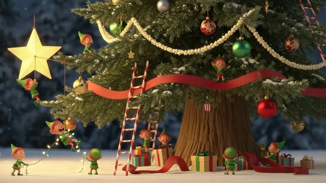 Christmas elves decorating a christmas tree with ornaments, lights, and a star on a snowy day