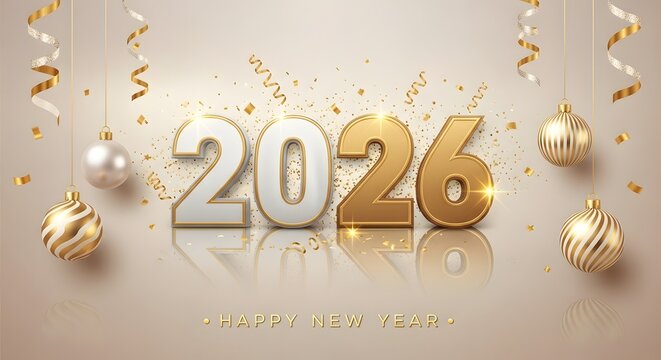 Happy New Year 2026 banner. Happy New Year 2026 celebration. Happy New Year design with golden and white 2026.