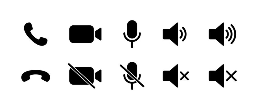 Phone receiver, video call, microphone, mute, speaker volume, and silent icon. Communication element symbol
