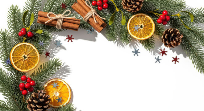 Christmas fir branches with dried orange slices, pine cones, cinnamon sticks and red berries framing a festive winter background
