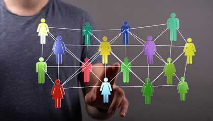 Visual representation of interconnected people symbolizing concepts such as networking, community, teamwork, and digital connectivity, ideal for