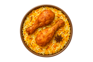 Traditional chicken biryani with spiced rice and two drumsticks isolated on transparent background