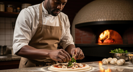Professional chef preparing gourmet pizza in rustic kitchen with wood fired oven, arranging fresh toppings on unbaked dough