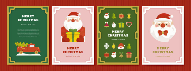 Merry Christmas and Happy New Year vector greeting card template set with cartoon santa, gift box and snowman. Festive background collection in simple modern flat style