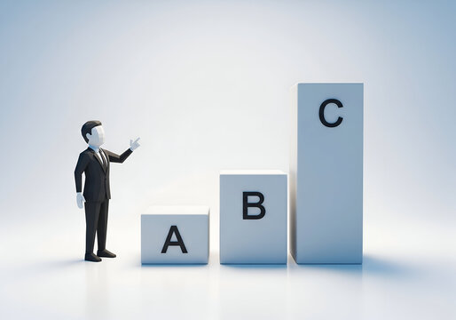 Business growth concept with abc blocks and businessman pointing towards success and progress strategy