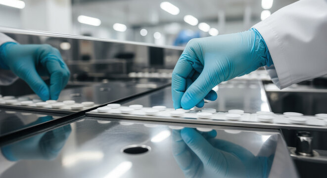 Gloved technician inspecting white tablets on stainless steel conveyor in modern pharmaceutical manufacturing quality control