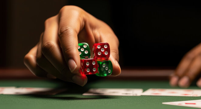 Hand holding red and green dice over casino table with playing cards in soft focus gambling and chance concept